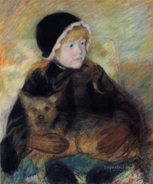 Elsie Cassatt hält ein großen Hund Impressionismus Mutter Kinder Mary Cassatt Ölgemälde